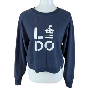 Unwind By League Navy Waffle Knit Graphic Cozy Relaxed Fit Cropped Sweatshirt M